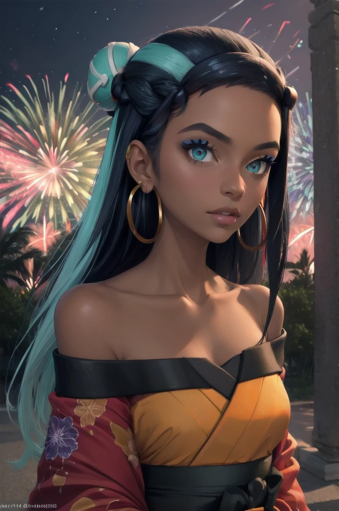 masterpiece, best quality, solo, 1girl, nessarnd, dark skin, makeup, single hair bun, kimono, hoop earrings, bare shoulders, fireworks 