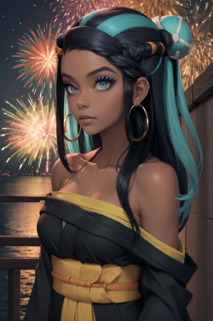 masterpiece, best quality, solo, 1girl, nessarnd, dark skin, makeup, single hair bun, kimono, hoop earrings, bare shoulders, fireworks 