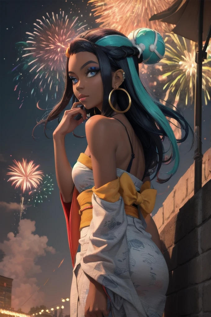 masterpiece, best quality, solo, 1girl, nessarnd, dark skin, makeup, single hair bun, kimono, hoop earrings, bare shoulders, fireworks 