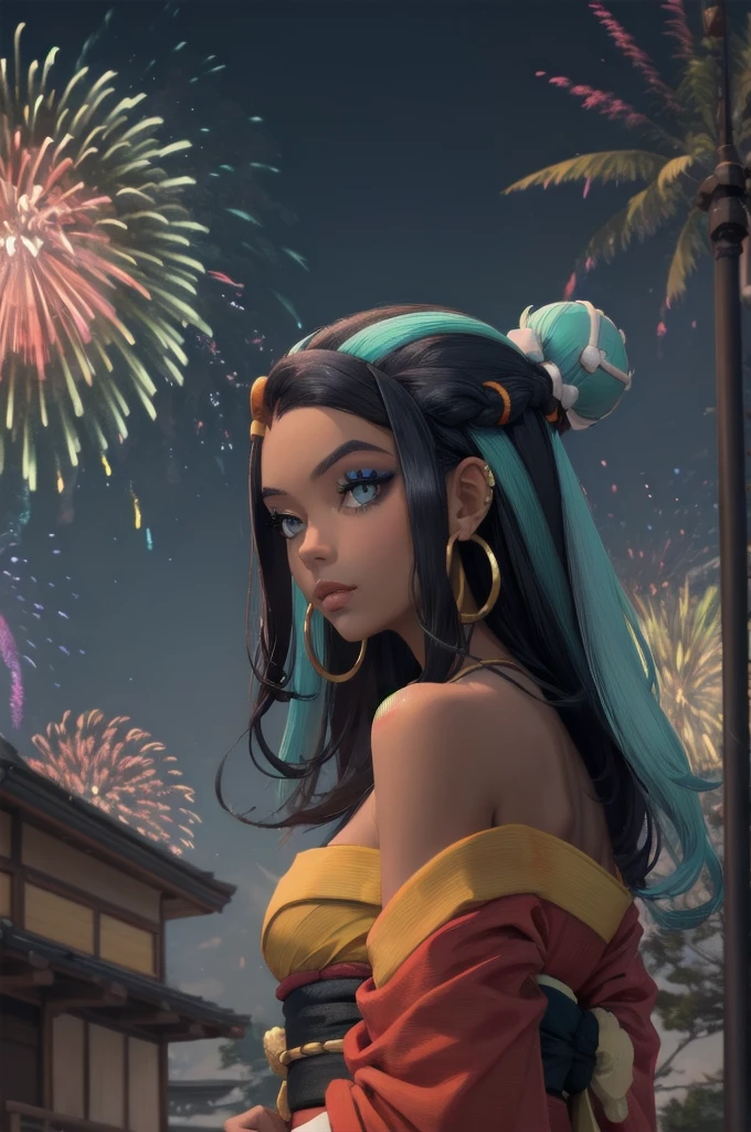 masterpiece, best quality, solo, 1girl, nessarnd, dark skin, makeup, single hair bun, kimono, hoop earrings, bare shoulders, fireworks 