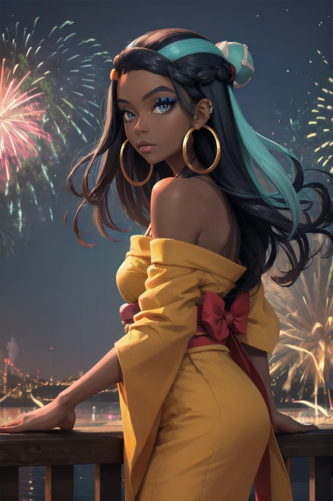 masterpiece, best quality, solo, 1girl, nessarnd, dark skin, makeup, single hair bun, kimono, hoop earrings, bare shoulders, fireworks 