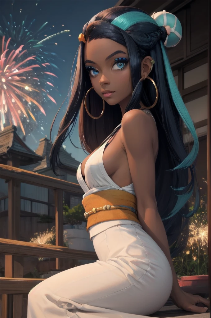 masterpiece, best quality, solo, 1girl, nessarnd, dark skin, makeup, single hair bun, kimono, hoop earrings,medium breasts, bare shoulders, fireworks 