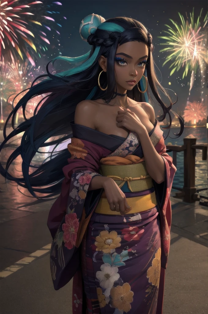 masterpiece, best quality, solo, 1girl, nessarnd, dark skin, makeup, single hair bun, kimono, hoop earrings,medium breasts, bare shoulders, fireworks 