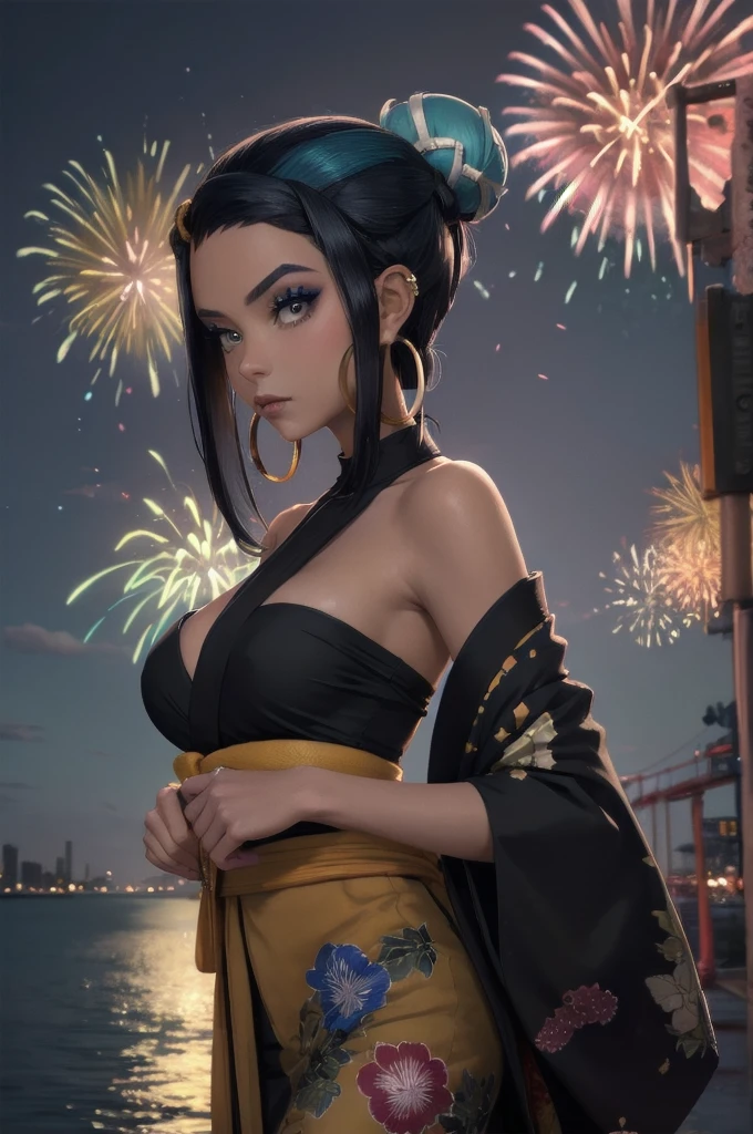 masterpiece, best quality, solo, 1girl, nessarnd, dark skin, makeup, single hair bun, kimono, hoop earrings,medium breasts, bare shoulders, fireworks 