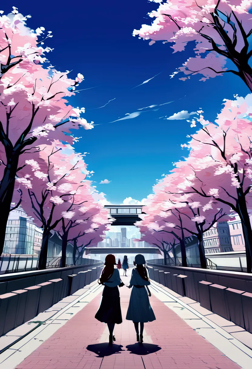 3girls, 4k,city, clear sky, cherry blossom trees