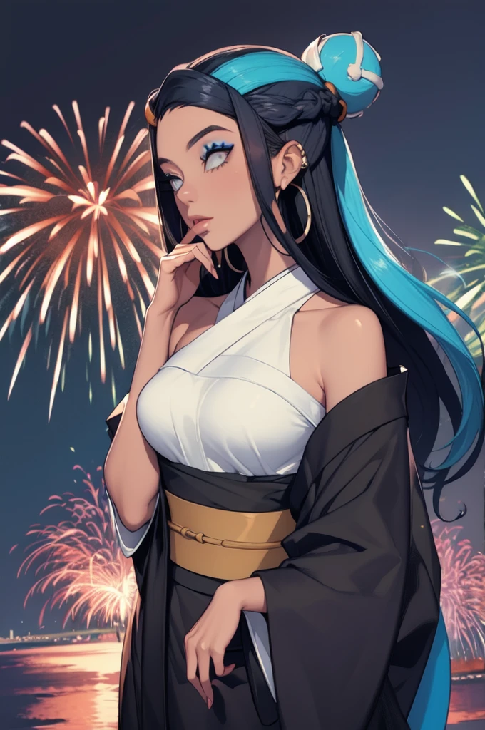 masterpiece, best quality, solo, 1girl, nessarnd, dark skin, makeup, single hair bun, kimono, hoop earrings,medium breasts, bare shoulders, fireworks 