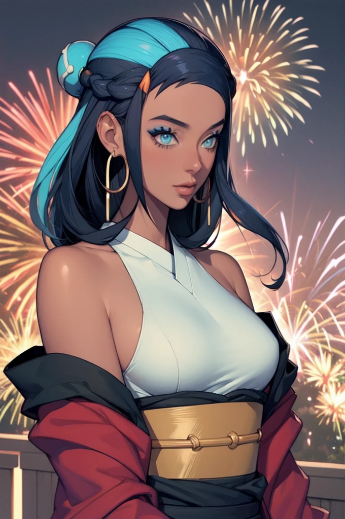 masterpiece, best quality, solo, 1girl, nessarnd, dark skin, makeup, single hair bun, kimono, hoop earrings,medium breasts, bare shoulders, fireworks 