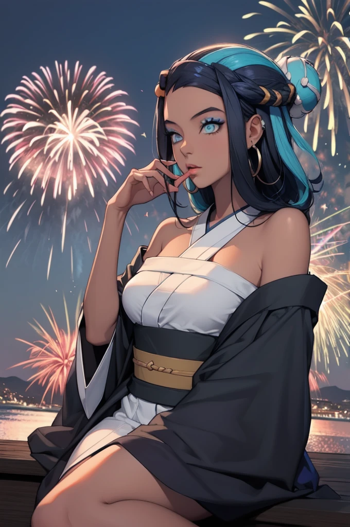 masterpiece, best quality, solo, 1girl, nessarnd, dark skin, makeup, single hair bun, kimono, hoop earrings,medium breasts, bare shoulders, fireworks 