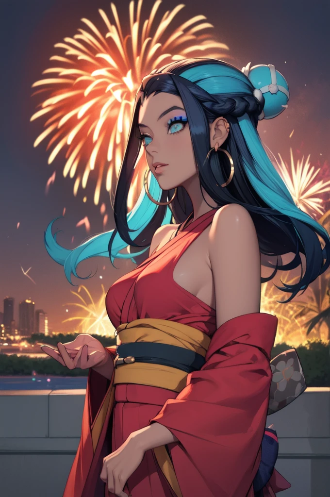 masterpiece, best quality, solo, 1girl, nessarnd, dark skin, makeup, single hair bun, kimono, hoop earrings,medium breasts, bare shoulders, fireworks 