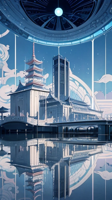 Kay Nielsen, Carll Cneut, Haruka Aizawa, Hasui Kawase, Jun'ichi Nakahara, Surrealism Mysterious Weird Fantastic Fantasy Sci-fi, Japanese Anime, Future City of Tokyo in the Mirror, Miniskirt Beautiful High School Girl Bicycle Trip, perfect voluminous body, detailed masterpiece low high angles perspectives reflection transmission reflection 