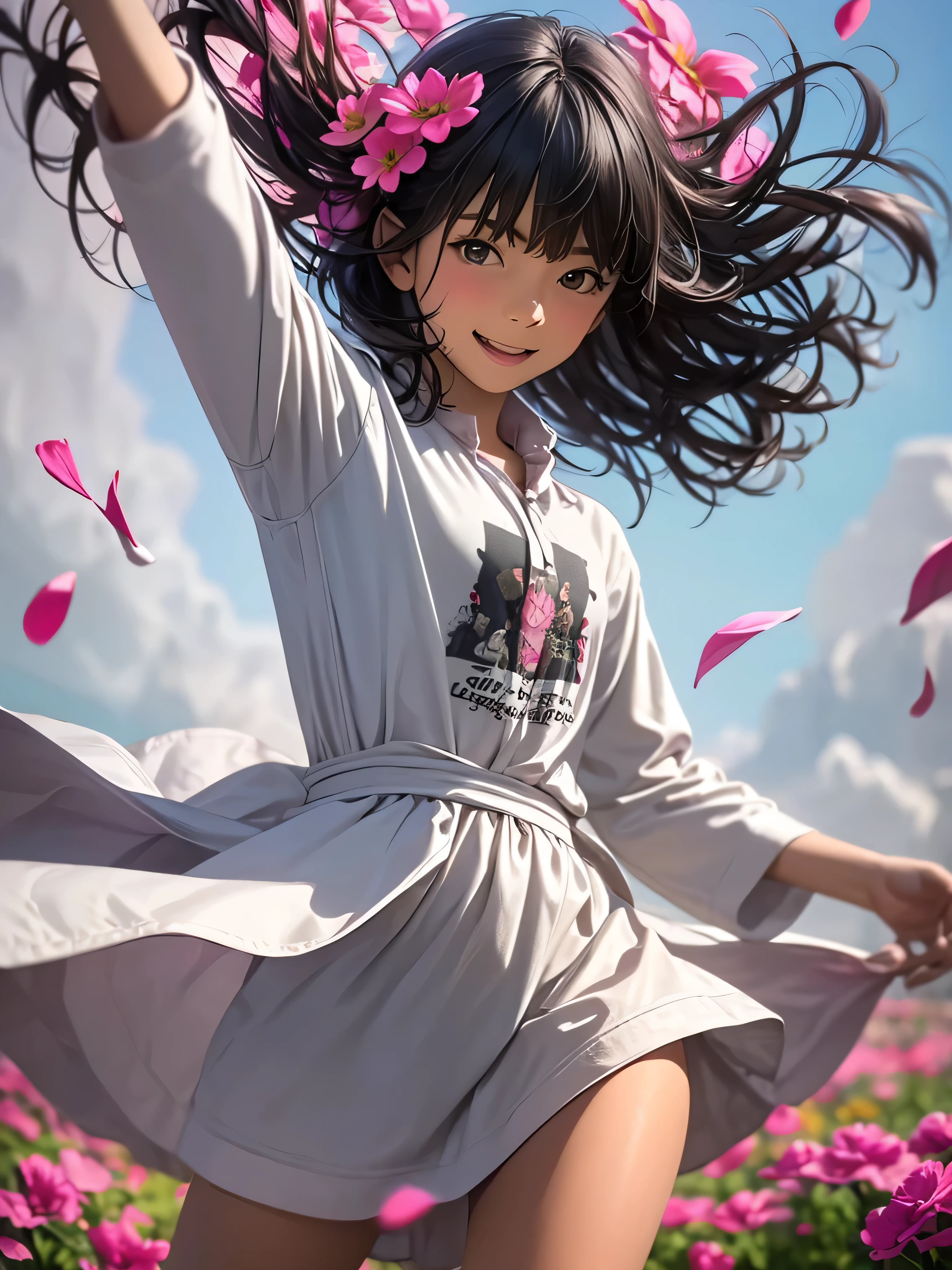 Official Art, wallpaper, Very detailed, (((Very detailed))), Realistic portraits, (high quality, masterpiece, High resolution) , 8K  UHD, high quality, There is a girl, surrounded by colorful flowers, Flower Field, female portrait With flowers, Beautiful young dark-haired girl, 4K, 8k, Background Blur, smile, 10 years old, Angle from below, Dynamic, Wide angle, Aperture value F1.2, Anatomically correct, low angle, Full body photo, short stature , Hair blowing in the wind, The dancing petals shine, horizon, dance, Bouncing, Western, prairie, open field, beautiful sunny day, blue sky, Raise one leg, light from the front