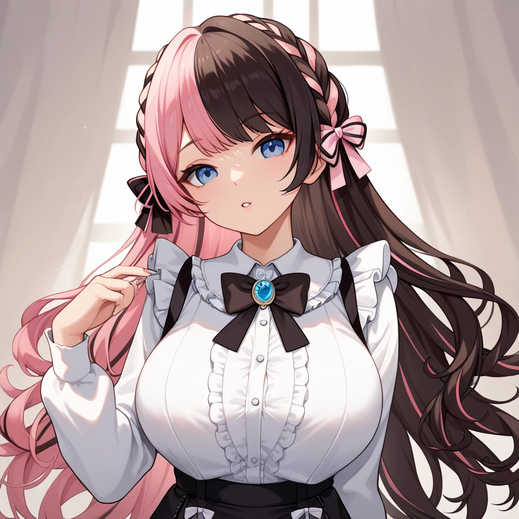 super fine illustration,ambient occlusion,(masterpiece、Highest quality:1.2)、nsfw,(Upper Body)１８Year-old beauty,(HinanoBase, two-tone hair, long hair, french braid, hair bow, black bowtie, brooch, frilled shirt, white shirt, long sleeves, black skirt, suspender skirt
,Big Breasts,