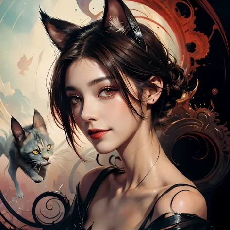 colorful beautiful woman with cat ears : black ink flow: 8k resolution photorealistic masterpiece: by aaron horkey and jeremy ma...