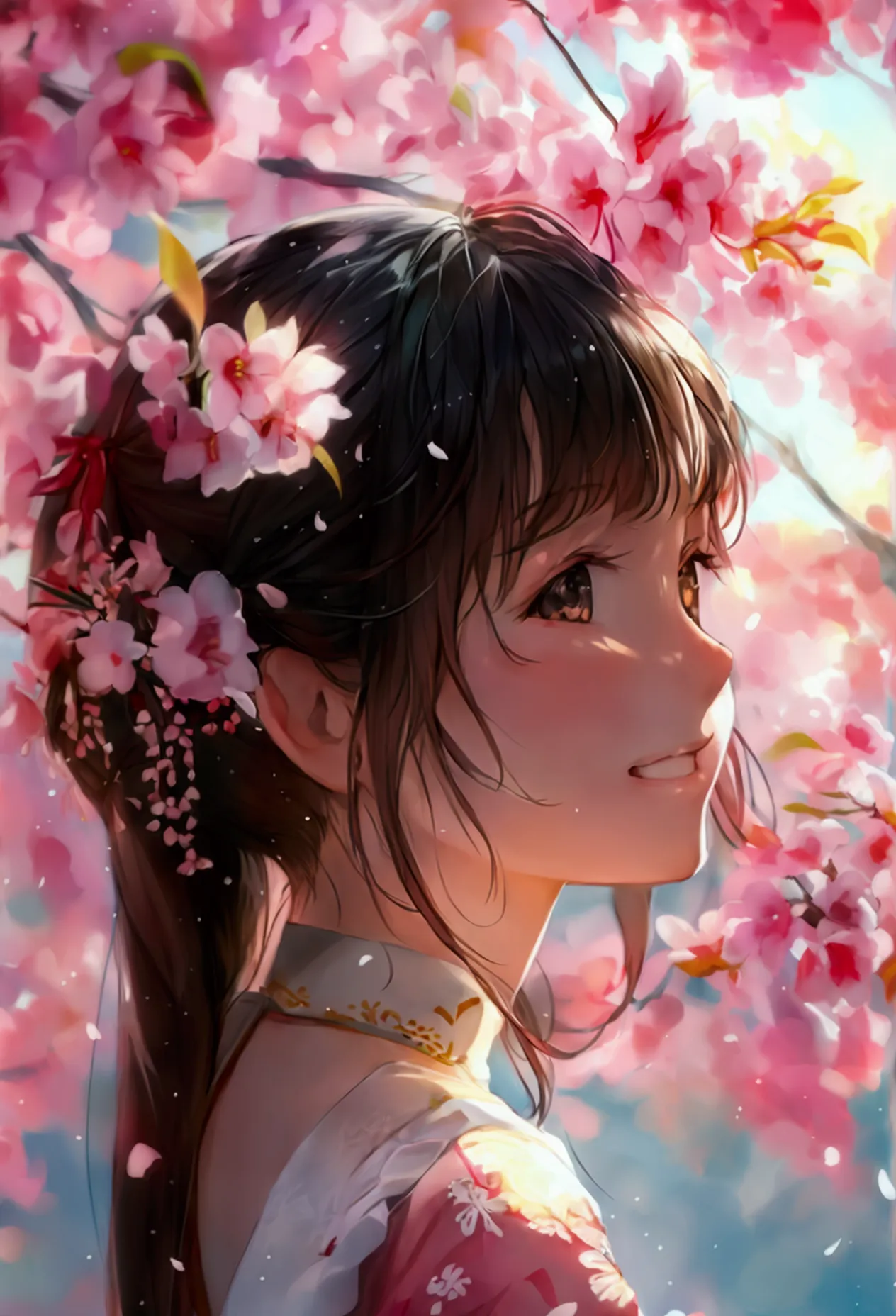 girls​, turning to look at the face, smiling, behind the hand of the sakura tree.