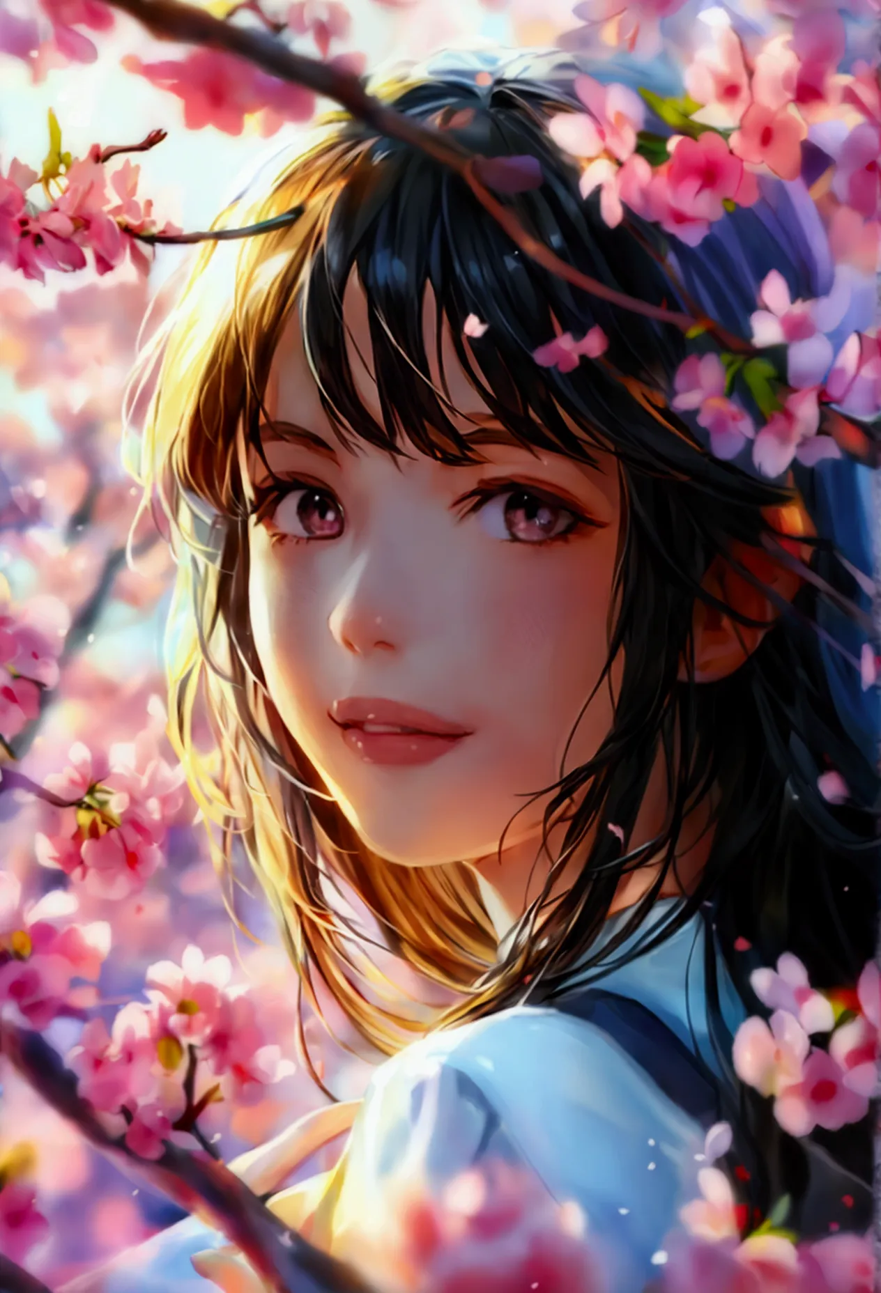 girls​, turning to look at the face, smiling, behind the hand of the sakura tree.