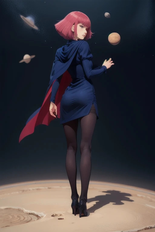 masterpiece, high quality, solo, looking back, 
haman_karn,1woman, pink hair, short hair, sidelocks, bangs, eyebrows, blue eyes,
collarbone, cape, black dress, puff sleeves, long sleeves, juliet sleeves, pantyhose, heels, 
standing in outer space, one hand on hip, detailed background, planets, stardust, (floating hair, outdoors, wind:1.2) 