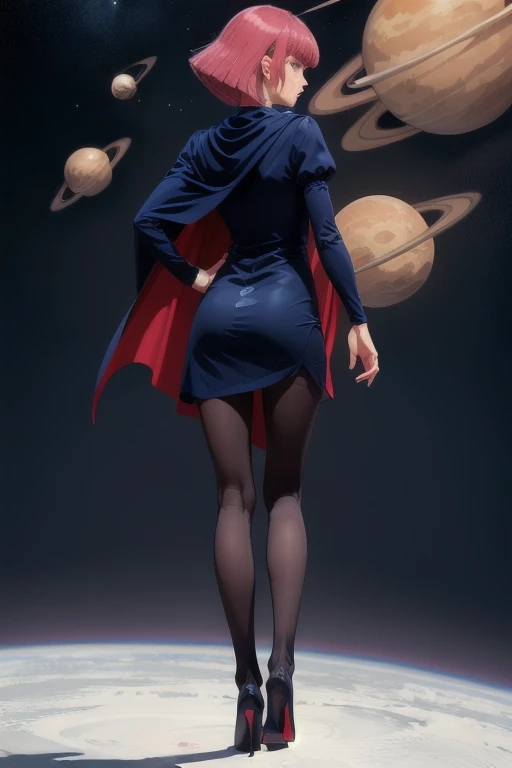 masterpiece, high quality, solo, looking back, 
haman_karn,1woman, pink hair, short hair, sidelocks, bangs, eyebrows, blue eyes,
collarbone, cape, black dress, puff sleeves, long sleeves, juliet sleeves, pantyhose, heels, 
standing in outer space, one hand on hip, detailed background, planets, stardust, (floating hair, outdoors, wind:1.2) 