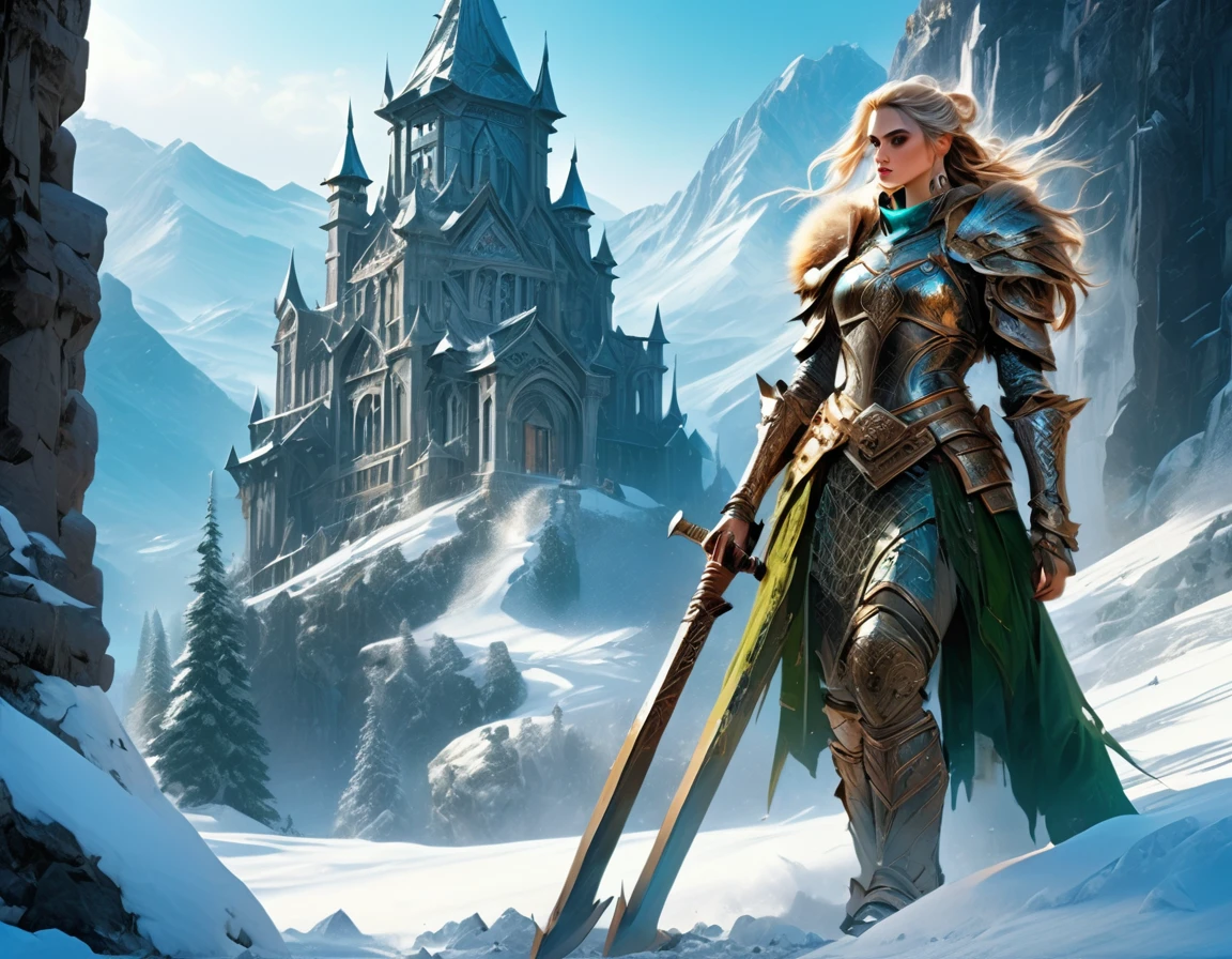 aa fantasy art illustration of a female giant knight armed with a ((mighty battleaxe: 1.5)) standing at the temple gates built on snowy mountain, (((she is as tall as the mountain: 1.3))) a wild beautiful, exotic beautiful giant knight, ((anatomically correct: 1.5), (ultra detailed face: 1.2), best detailed face, dynamic hair color, dynamic hair style, armed with a giant axe, shiny axe, its blade reflects the sunlight, studded with gems, wearing metal armor, dynamic armor color, wearing high heeled boots, standing near a fantasy temple, magnificent temple, with a tower, on snowy mountain (((she is as tall as the mountain:1.3))), vibrant, Hyperrealism style, vibrant, Ultra-high resolution, High Contrast, (masterpiece:1.5), highest quality, Best aesthetics), best details, best quality, highres, ultra wide angle, 16k, [ultra detailed], masterpiece, best quality, (extremely detailed) RAW, rpg portrait battleaxe 