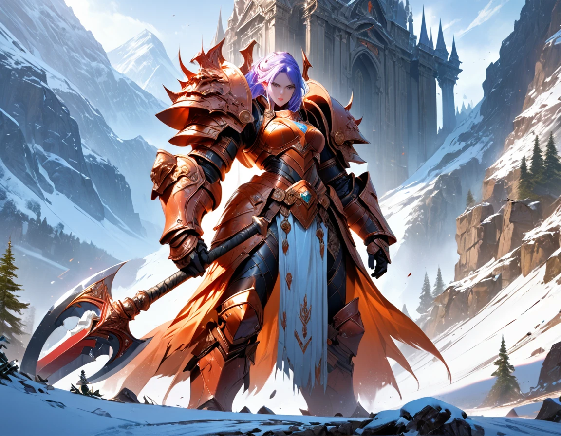 a fantasy art illustration of a female giant knight armed with a ((mighty battleaxe: 1.5)) standing at the temple gates built on snowy mountain, (((she is as tall as the mountain: 1.3))) a wild beautiful, exotic beautiful giant knight, ((anatomically correct: 1.5), (ultra detailed face: 1.2), best detailed face, dynamic hair color, dynamic hair style, armed with a giant axe, shiny axe, its blade reflects the sunlight, studded with gems, wearing metal armor, dynamic armor color, wearing high heeled boots, standing near a fantasy temple, magnificent temple, with a tower, on snowy mountain (((she is as tall as the mountain:1.3))), vibrant, Hyperrealism style, vibrant, Ultra-high resolution, High Contrast, (masterpiece:1.5), highest quality, Best aesthetics), best details, best quality, highres, ultra wide angle, 16k, [ultra detailed], masterpiece, best quality, (extremely detailed) RAW, rpg portrait battleaxe 