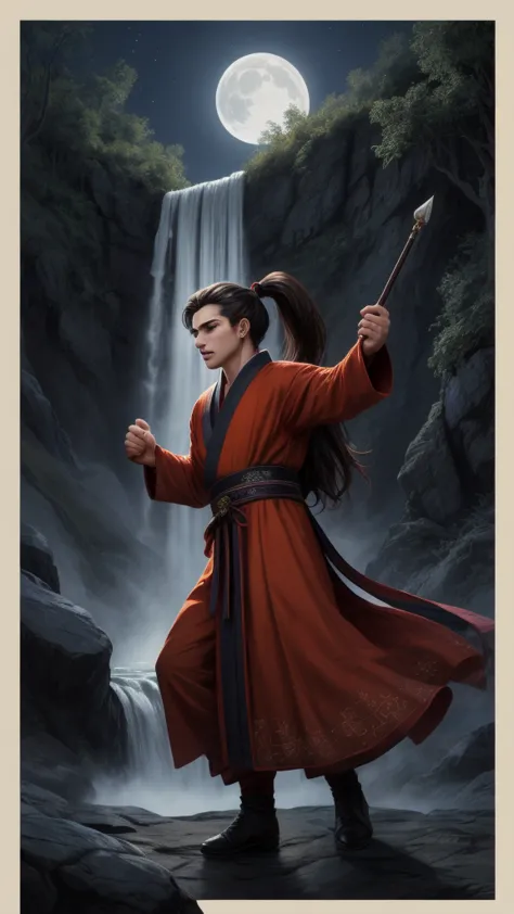 in a chinese comic style，handsome monk，handsome and gentle face，brown long hair tied into a ponytail。wearing exquisite red and b...