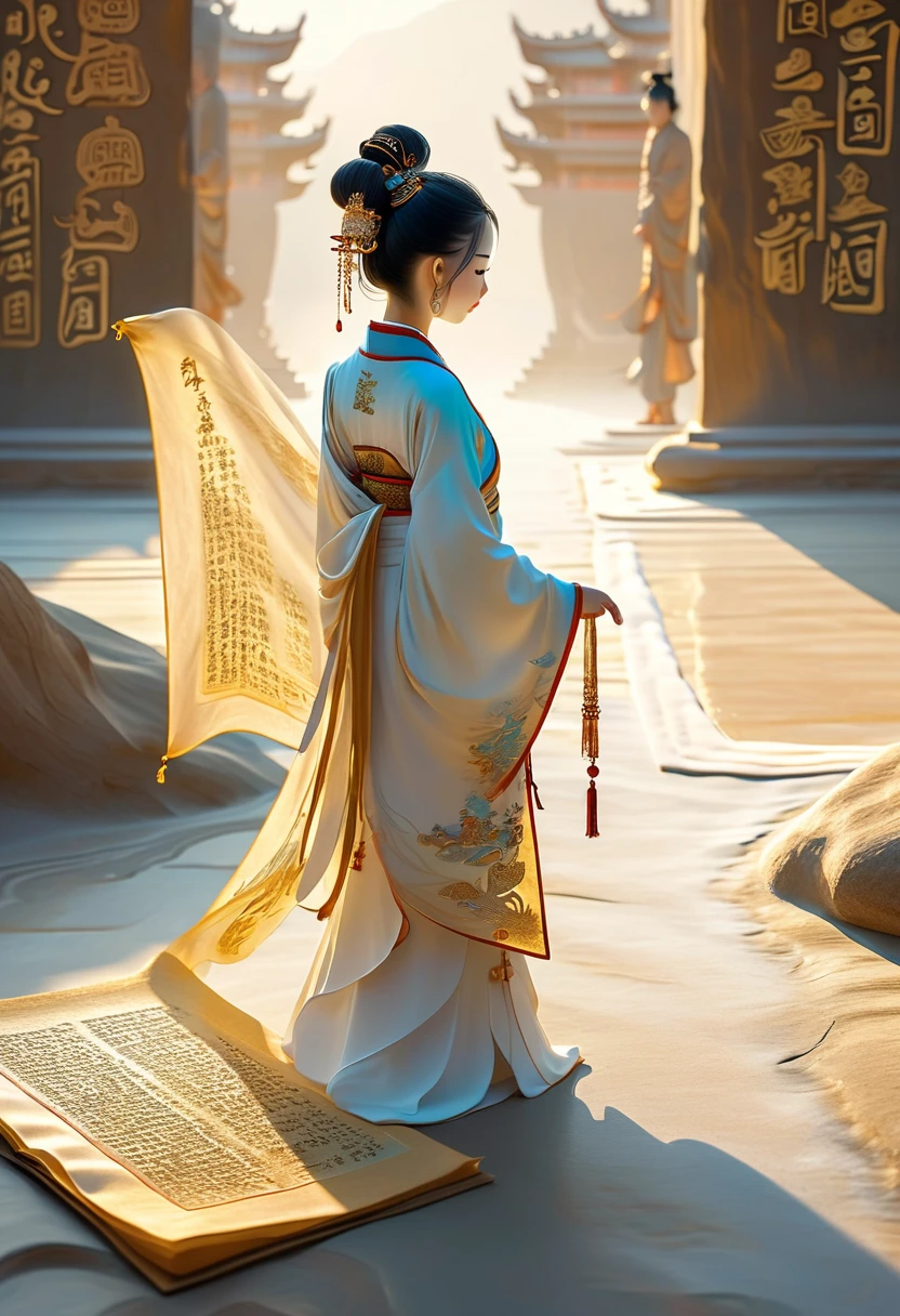 illustration, Dunhuang art style, Extremely long-distance lens, A mysterious little person, Wearing traditional silk dress, Standing on an ancient soft scroll with golden ancient texts, Zen style, Bright Star, Light and Shadow, Ancient White, epic, Extremely delicate brushstrokes, 3D Rendering, Reality, Photographed by DJI