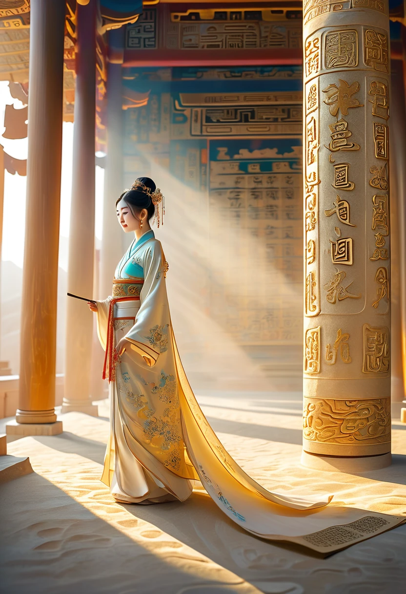 illustration, Dunhuang art style, Extremely long-distance lens, A mysterious little person, Wearing traditional silk dress, Standing on an ancient soft scroll with golden ancient texts, Zen style, Bright Star, Light and Shadow, Ancient White, epic, Extremely delicate brushstrokes, 3D Rendering, Reality, Photographed by DJI