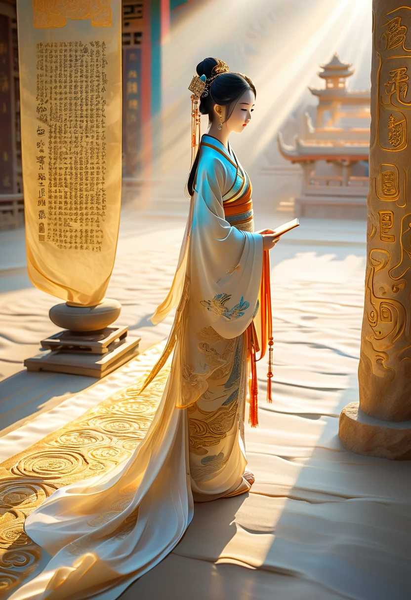 illustration, Dunhuang art style, Extremely long-distance lens, A mysterious little person, Wearing traditional silk dress, Standing on an ancient soft scroll with golden ancient texts, Zen style, Bright Star, Light and Shadow, Ancient White, epic, Extremely delicate brushstrokes, 3D Rendering, Reality, Photographed by DJI