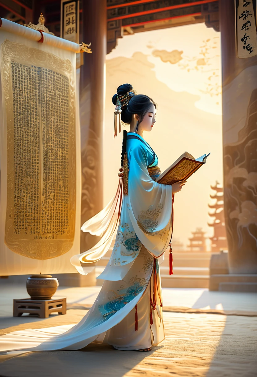 illustration, Dunhuang art style, Extremely long-distance lens, A mysterious little person, Wearing traditional silk dress, Standing on an ancient soft scroll with golden ancient texts, Zen style, Bright Star, Light and Shadow, Ancient White, epic, Extremely delicate brushstrokes, 3D Rendering, Reality, Photographed by DJI