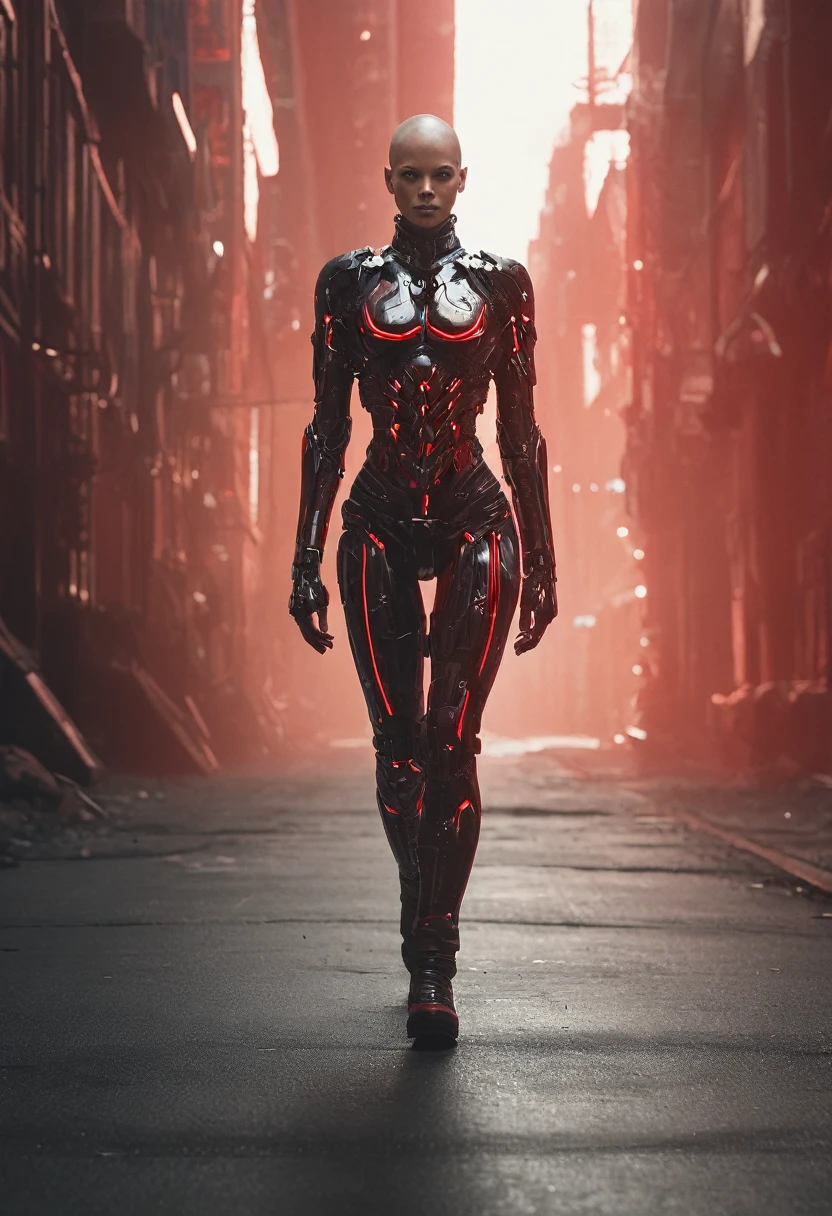 full length view. (cyborg woman) bold, menacing look. "Full body shot, head to toe, full length, Wide field of view, centered, unframed" Running red and black female cyborg. Dynamic picture, the whole body of the cyborg in motion, futuristic city. with red and yellow stripes. --AR 9:16 -- from 1:2 Porcelain face and head,
No hair, detailed realistic close-up, dirt, Dust, Canon 5d cinematic frame