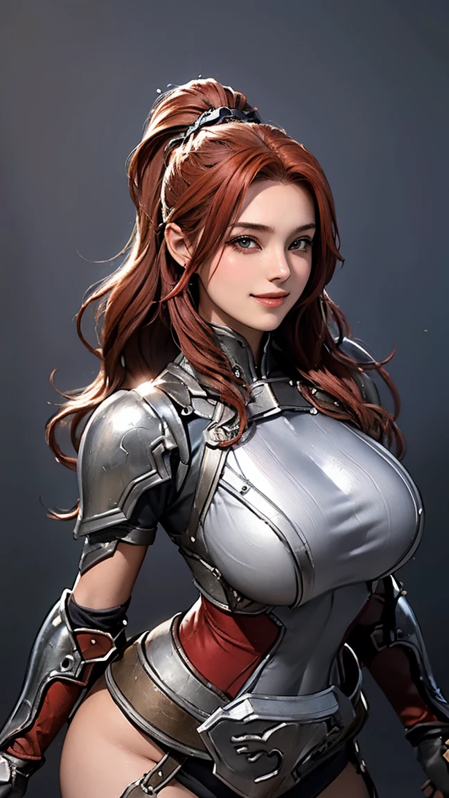 20 year old woman,soft lighting, posing,perfect face,smiling,perfect figure, red hair,random hairstyle,fancy silver armor,narrow shoulders,huge breasts, wide hips