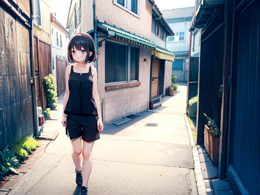 Girl walking down the alley、naked＋Shorts