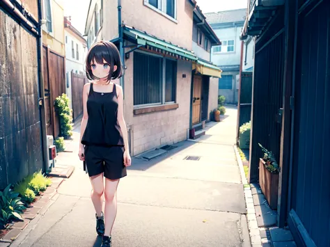 girl walking down the alley、naked＋shorts