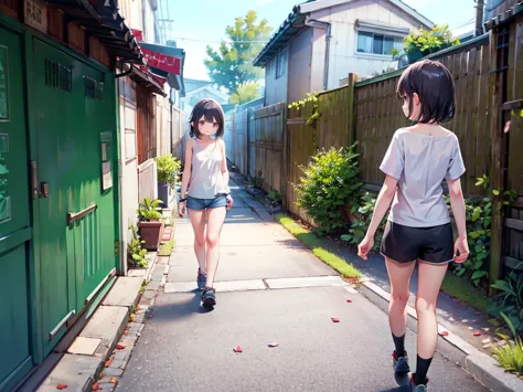 girl walking down the alley、naked＋shorts