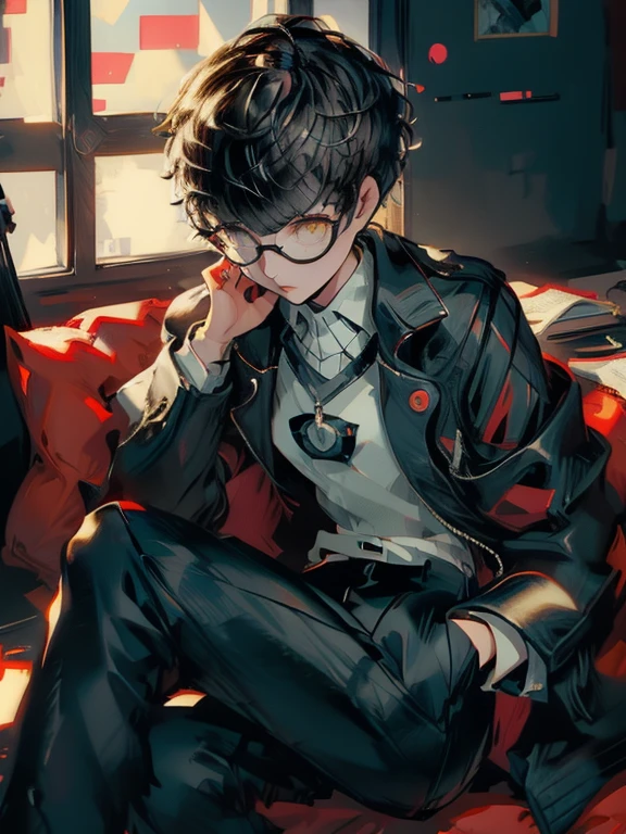 ((chibi)), big head, focus face, in the art style of persona5, (masterpiece:1.2, highest quality), (Realistic, photoRealistic:1.4), Beautiful illustrations, (Natural Side Lighting, Cinema Lighting), Written boundary depth, Beautiful thighs staring at the viewer, 1 female, 20-year-old, alone, thin, slender, (small breasts), short Hair, straight Hair, Forehead, Forehead, Forehead, Forehead, thin, slender, glasses, ((Skinny black pants, collared shirt, oversized zip-up blouson)), lying on the sofa, (((glasses)))