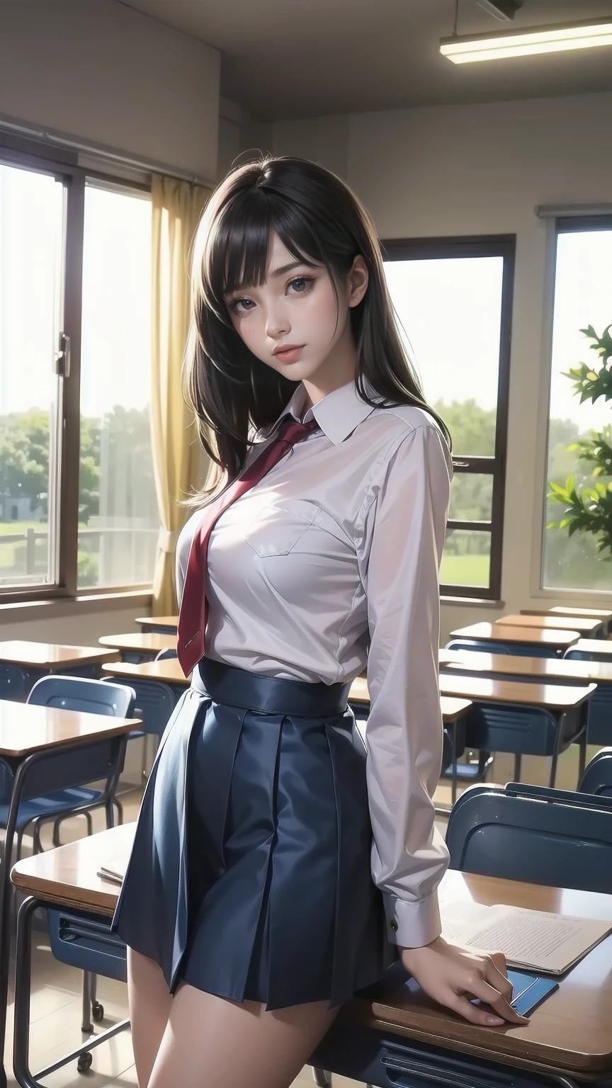 high school　classroom　During class　beautiful teacher　