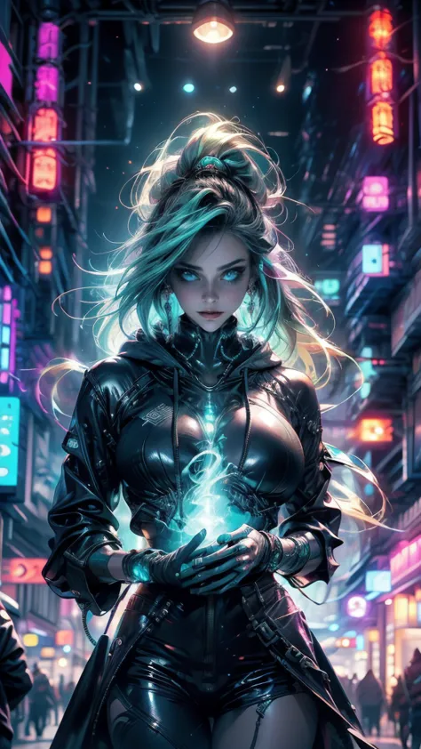 in the heart of the cyberpunk universe a young beautiful woman with glowing neon green middle hair, oversize hoodie with phospho...