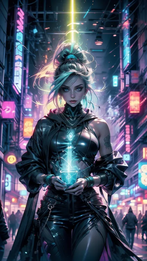 in the heart of the cyberpunk universe a young beautiful woman with glowing neon green middle hair, oversize hoodie with phospho...