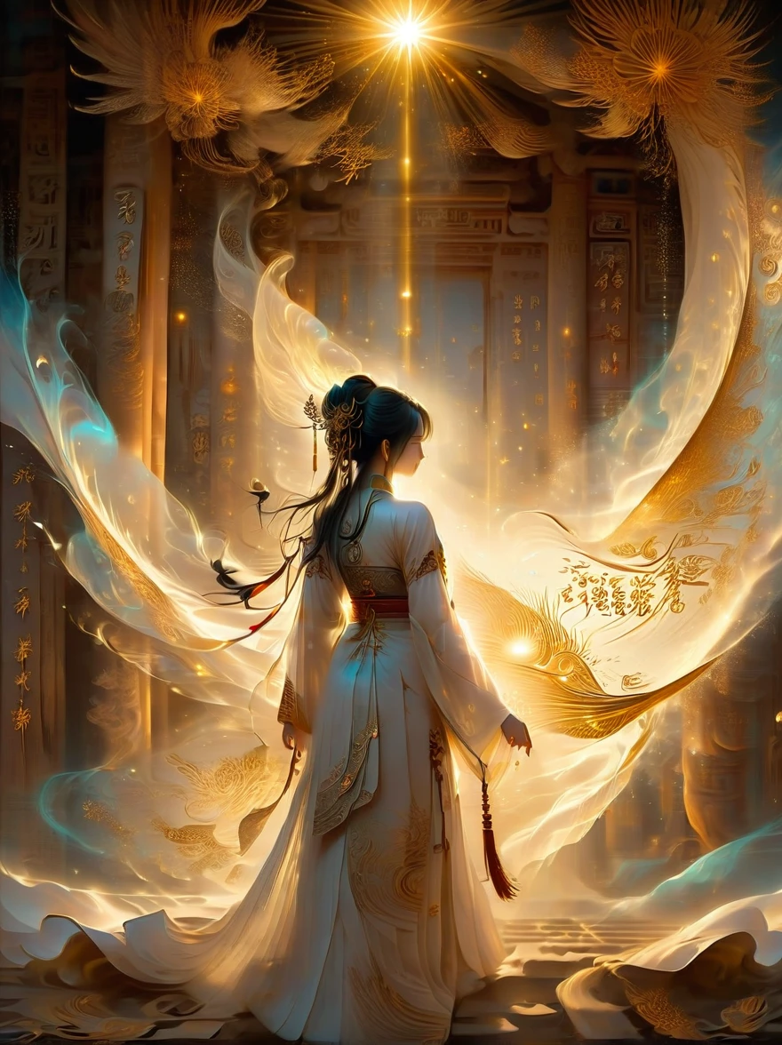 illustration, Dunhuang art style, Extremely long-distance lens, A mysterious little person, Wearing traditional silk dress, Standing on an ancient soft scroll with golden ancient texts, Zen style, Bright Star, Light and Shadow, Ancient White, epic, Extremely delicate brushstrokes, 3D Rendering, Reality, Photographed by DJI