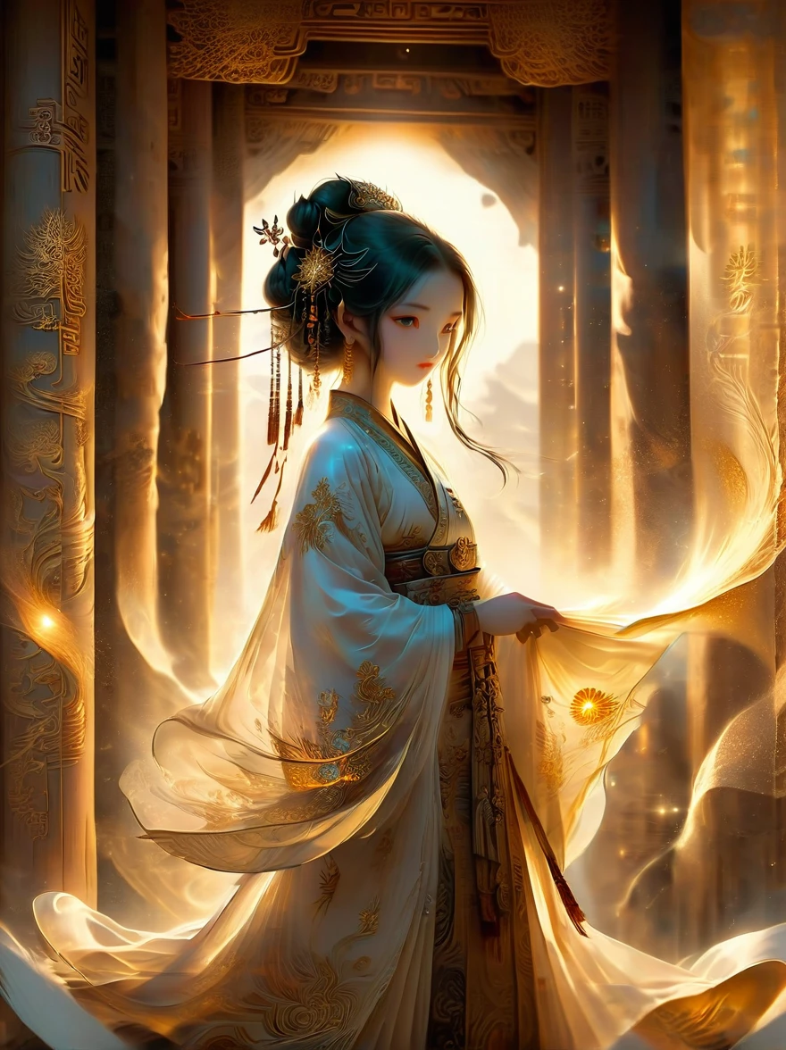 illustration, Dunhuang art style, Extremely long-distance lens, A mysterious little person, Wearing traditional silk dress, Standing on an ancient soft scroll with golden ancient texts, Zen style, Bright Star, Light and Shadow, Ancient White, epic, Extremely delicate brushstrokes, 3D Rendering, Reality, Photographed by DJI