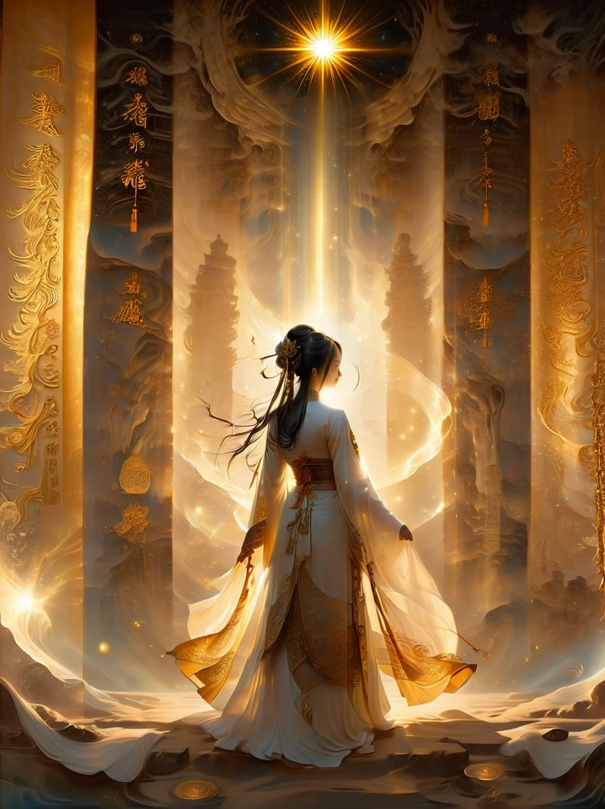 illustration, Dunhuang art style, Extremely long-distance lens, A mysterious little person, Wearing traditional silk dress, Standing on an ancient soft scroll with golden ancient texts, Zen style, Bright Star, Light and Shadow, Ancient White, epic, Extremely delicate brushstrokes, 3D Rendering, Reality, Photographed by DJI