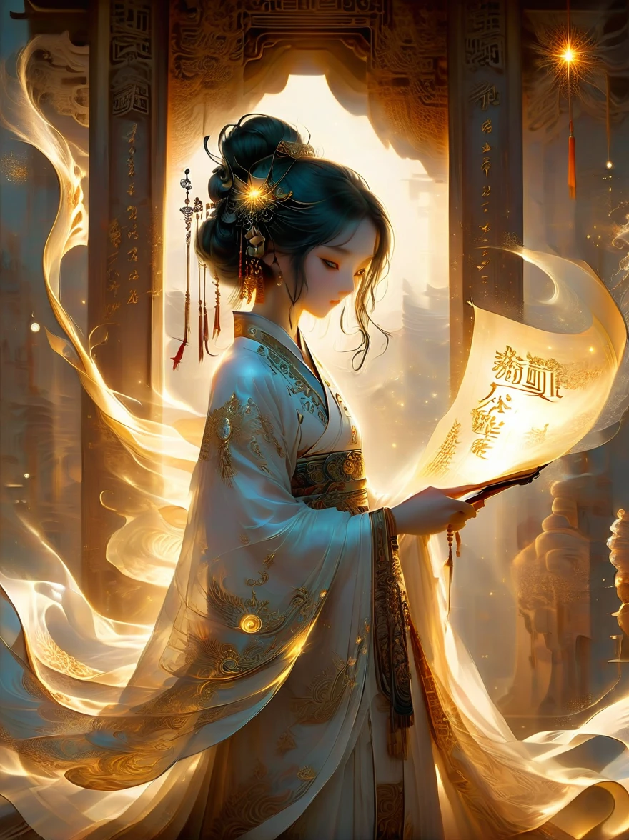 illustration, Dunhuang art style, Extremely long-distance lens, A mysterious little person, Wearing traditional silk dress, Standing on an ancient soft scroll with golden ancient texts, Zen style, Bright Star, Light and Shadow, Ancient White, epic, Extremely delicate brushstrokes, 3D Rendering, Reality, Photographed by DJI