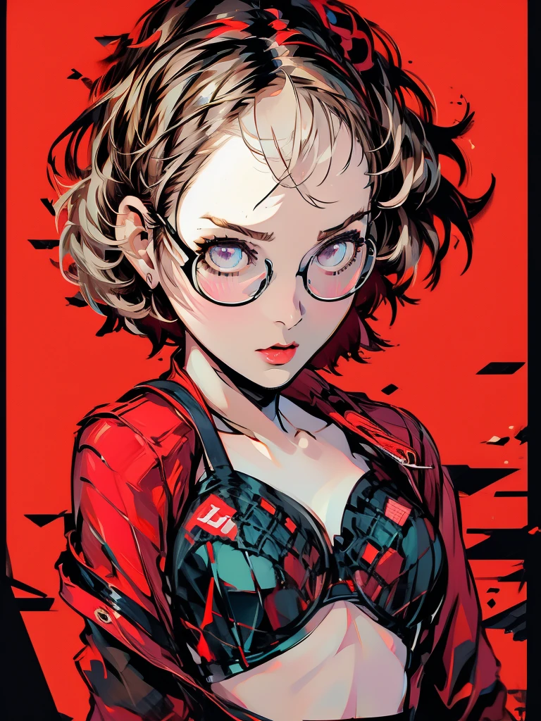 ((chibi)), big head, focus face, in the art style of persona5, (masterpiece:1.2, highest quality), (Realistic, photoRealistic:1.4), Beautiful illustrations, (Natural Side Lighting, Cinema Lighting), Written boundary depth, Beautiful thighs staring at the viewer, 1 female, 20-year-old, alone, thin, slender, (small breasts), short Hair, straight Hair, Forehead, Forehead, Forehead, Forehead, thin, slender, glasses, lingerie, white bra, (((She wears sexy bra))), Are standing, (((glasses)))