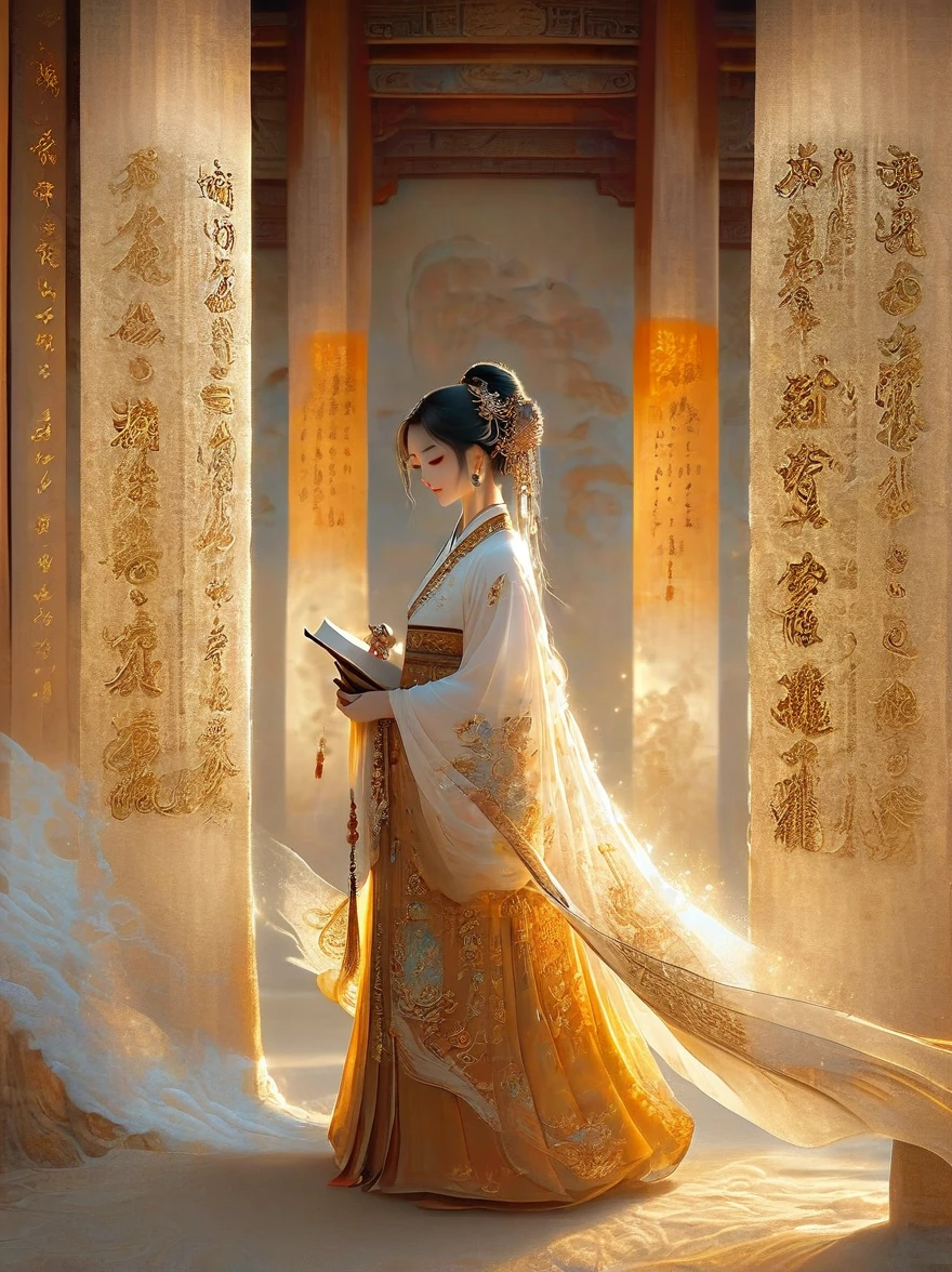 illustration, Dunhuang art style, Extremely long-distance lens, A mysterious little person, Wearing traditional silk dress, Standing on an ancient soft scroll with golden ancient texts, Zen style, Bright Star, Light and Shadow, Ancient White, epic, Extremely delicate brushstrokes, 3D Rendering, Reality, Photographed by DJI