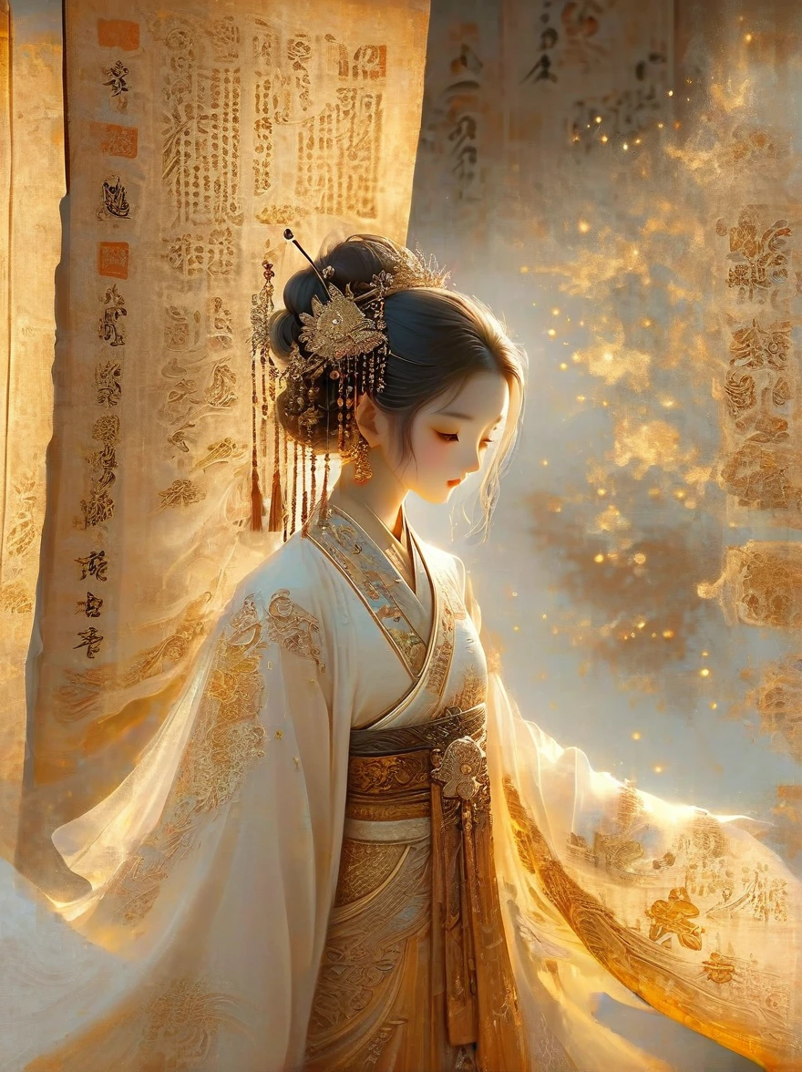 illustration, Dunhuang art style, Extremely long-distance lens, A mysterious little person, Wearing traditional silk dress, Standing on an ancient soft scroll with golden ancient texts, Zen style, Bright Star, Light and Shadow, Ancient White, epic, Extremely delicate brushstrokes, 3D Rendering, Reality, Photographed by DJI