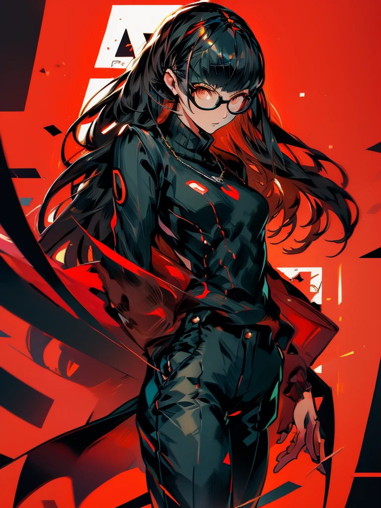 ((chibi)), big head, focus face, in the art style of persona5, (masterpiece:1.2, highest quality), (Realistic, photoRealistic:1.4), Beautiful illustrations, (Natural Side Lighting, Cinema Lighting), Written boundary depth, Beautiful thighs staring at the viewer, 1 female, 20-year-old, alone, thin, slender, (small breasts), long Hair, straight Hair, Forehead, Forehead, Forehead, Forehead, thin, slender, glasses, ((Skinny black pants, sweater)), Are standing, (((glasses))), ((Close-up)), ((Close-up)), ((Close-up))