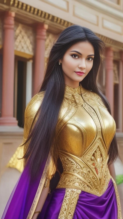 （1 girl）， full bodyesbian，Saint Seiya Armor， Wearing the golden armor of an Aries，sexy armor， Detailed armor pattern，Bling armor，Gorgeous Hair in Long Purple，Long hair，Shiny skin:1.4，primitive，tmasterpiece，ultra fine photos，，best qualtiy，Ultra-high resolution，Photoreality，rays of sunshine，full-body portraits，stunningly beautiful，dynamicposes，delicated face，Vibrant eyes，（seen from the side），Red and gold color scheme，Very detailed stone temple background，detailed face with，Detailed and complex busy background，untidy，opulent，Highly detailed skin，Realistic details of skin，Visible Pore，tack sharp focus，volume fog，8K  UHD，digital SLR camera，high qulity，filmgrain，White skin of the，photo-realism，DL， look from down, semi transparent