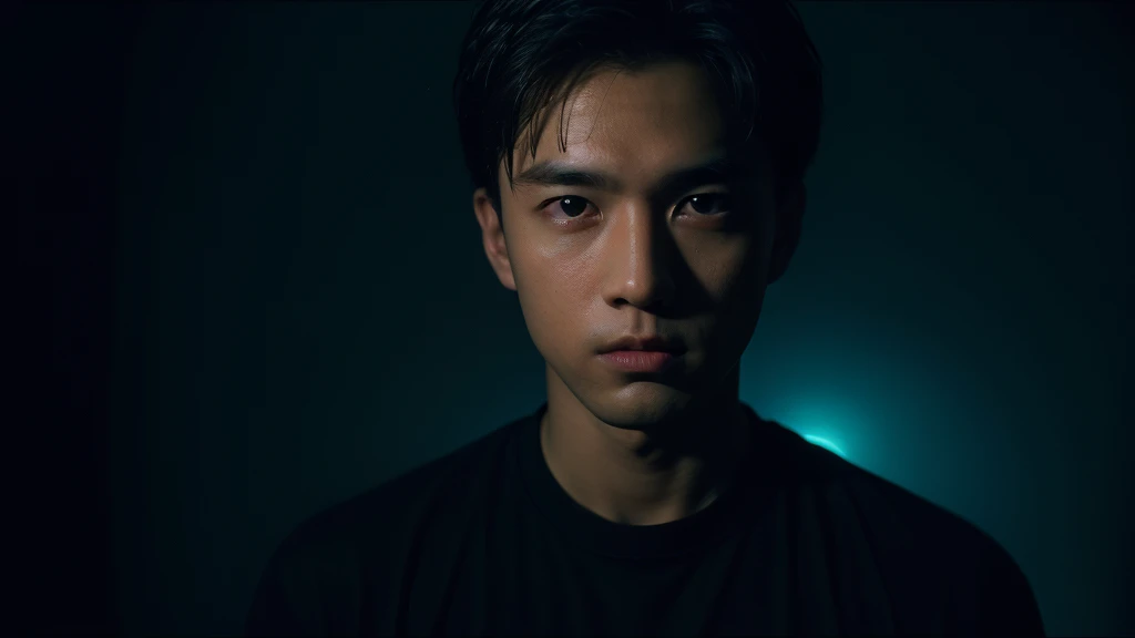 one-boy，deep dark background，Cinematic lighting，