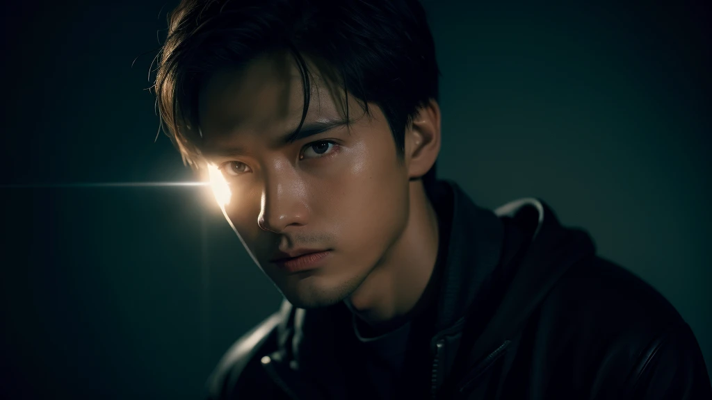 one-boy，deep dark background，Cinematic lighting，