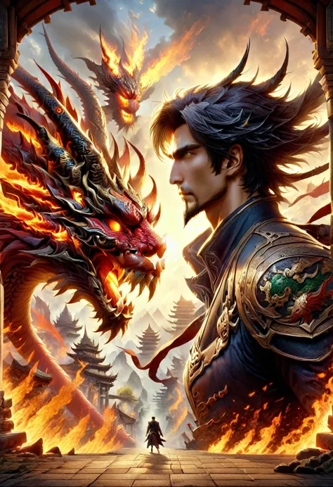 the man is facing sideways with a dragon behind him.