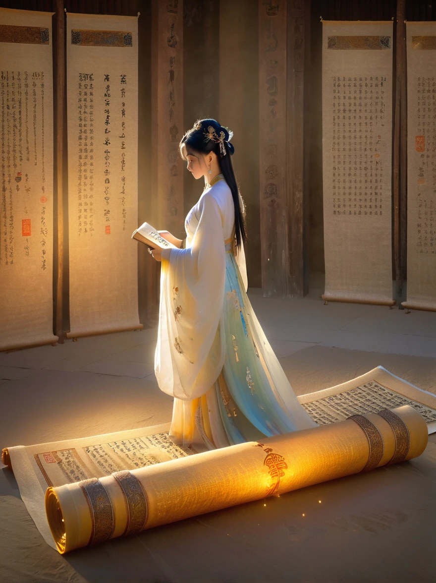 illustration, Dunhuang art style, Extremely long-distance lens, A mysterious little person, Wearing traditional silk dress, Standing on an ancient soft scroll with golden ancient texts, Zen style, Bright Star, Light and Shadow, Ancient White, epic, Extremely delicate brushstrokes, 3D Rendering, Reality, Photographed by DJI